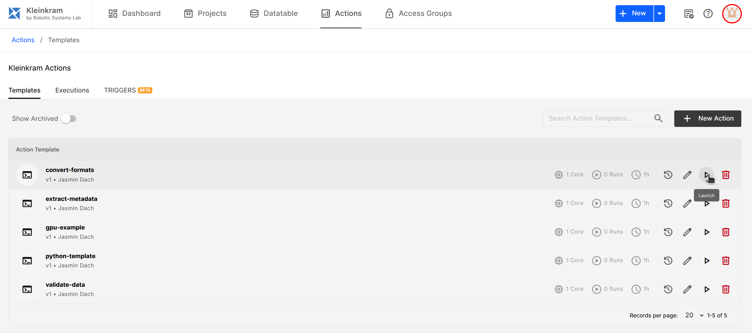 Launch Kleinkram Actions